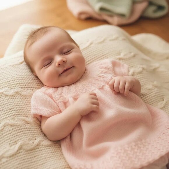 2 Piece Hand-Knit Light Pink Baby Dress and Matching Cardigan - Picture 1 of 15